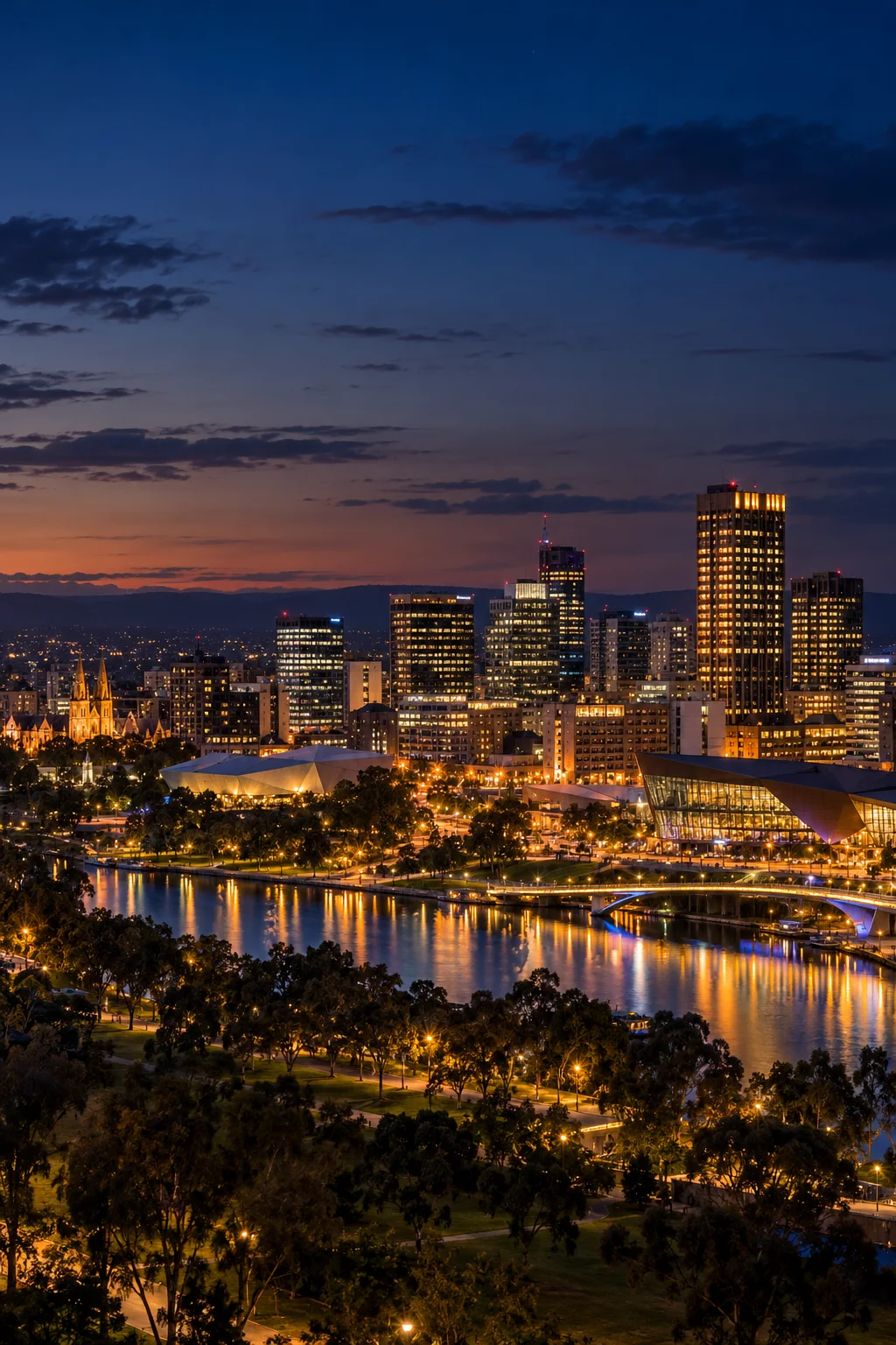 Adelaide skyline and River Torrens at night