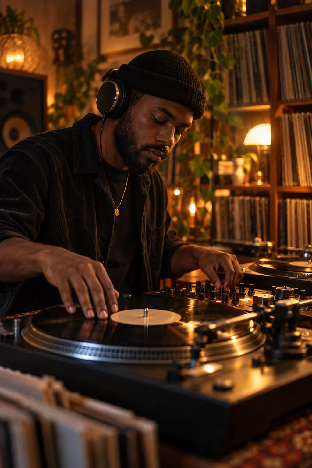 DJ mixing vinyl records in a warmly lit studio