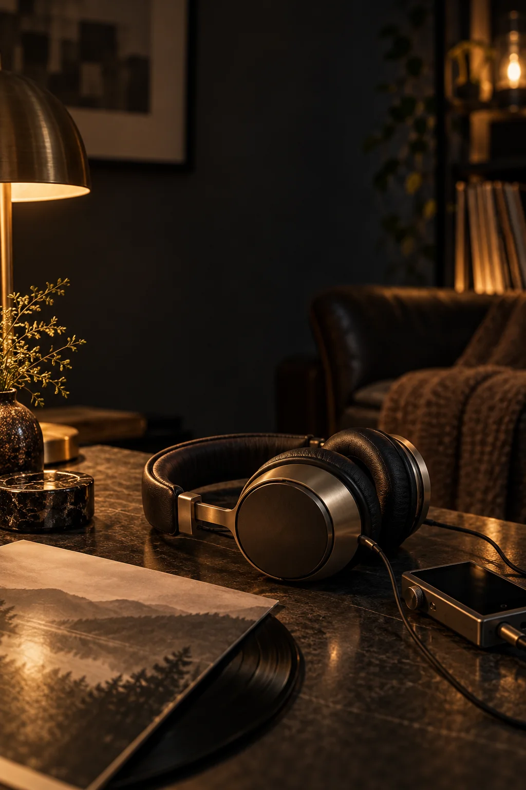 Over-ear headphones and vinyl in a softly lit listening room